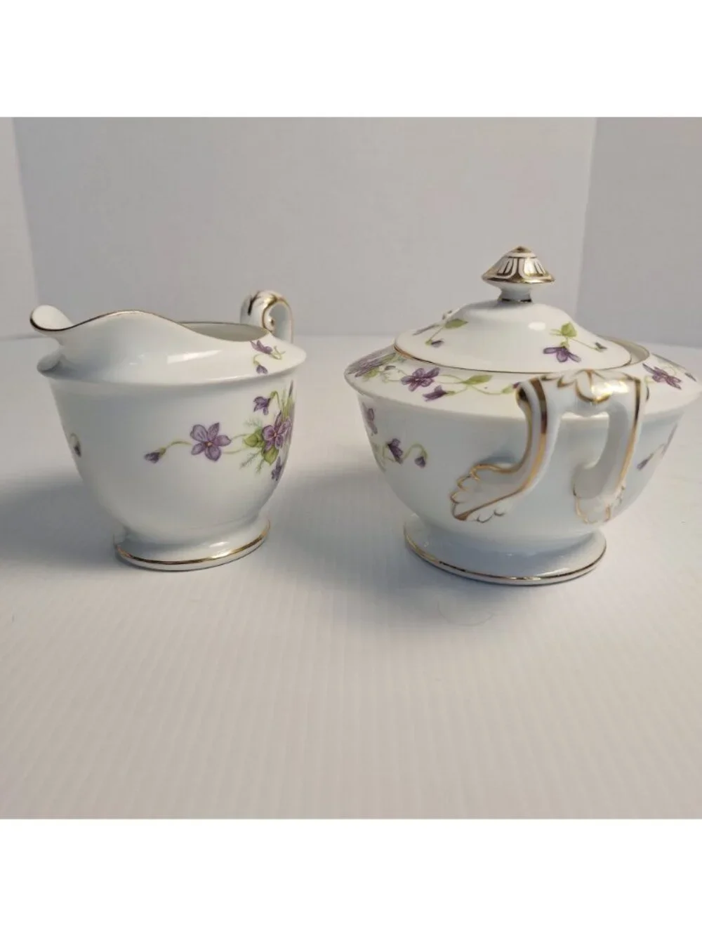 WENTWORTH CHINA JAPAN PURPLE FLORAL GOLD TRIM CREAM AND LIDDED SUGAR SET VIOLA